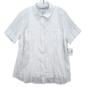 Sag Harbor Woman Plus Size 1X White Fashion Basic Button‎ Up Short Sleeve Blouse